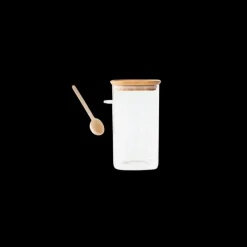 Conservation*PEBBLY Boite de Conservation Carrée en Verre et Bambou avec Cuillère Doseuse 1,4 L