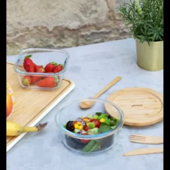 Plat De Cuisson|Conservation*PEBBLY Boîte de Conservation en Verre et Bambou Rond 620 ml