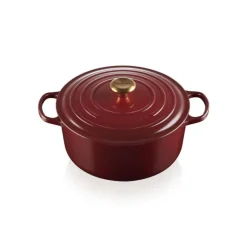 Cocotte En Fonte*LE CREUSET Cocotte en Fonte Ronde 28 cm Garnet Bouton Doré Signature