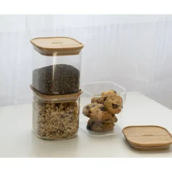 Conservation*PEBBLY Lot 3 Boîtes de Conservation en Verre et Bambou Carré 800 ml
