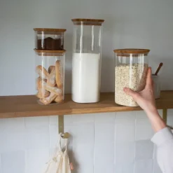 Conservation*PEBBLY Lot de 3 Boîtes de Conservation en Verre Carrée Couvercle Bambou