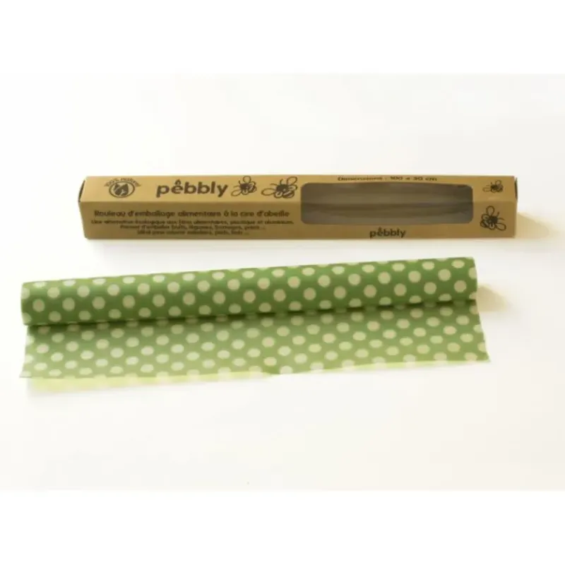 Conservation*PEBBLY Rouleau Emballage Alimentaire Cire Abeille Pois Vert 30 x 100 cm